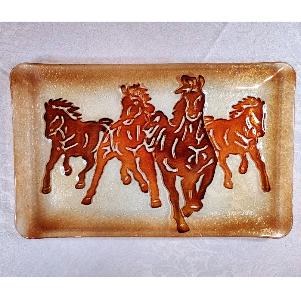 Cracker Barrel Fused Art Glass Wild Horse Serving Platter Western Decor 14.5in